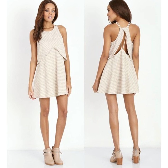 Free People Dresses & Skirts - Free People Novelty Ivory Blue Striped Linen Sleeveless Open Back Mini Dress